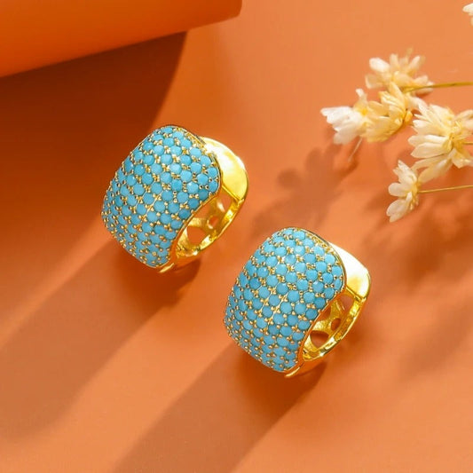 Vintage Blue Turquoise Gold Hoop Earrings-Lydieannejewelry