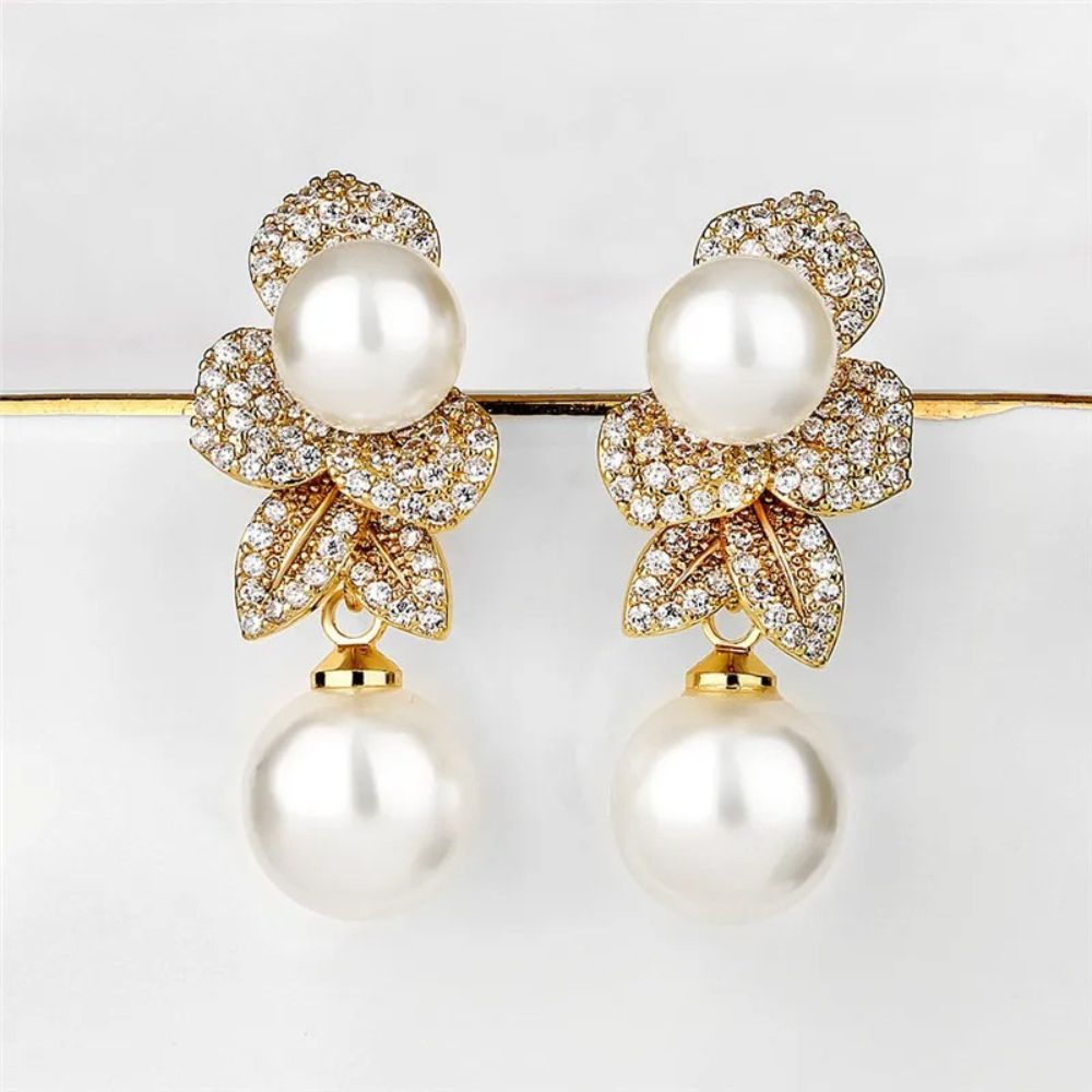 Vintage Pearl Flower Drop Earrings-Lydieannejewelry