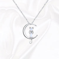 Moonstone crescent and cat necklace