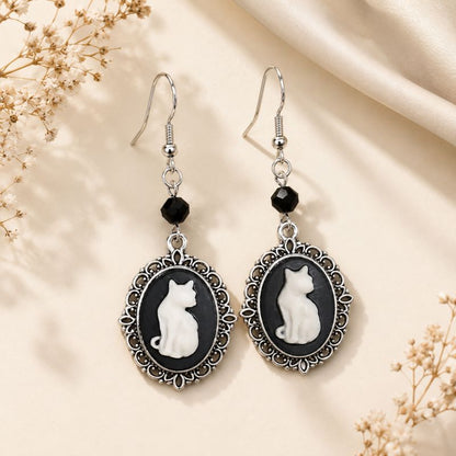 Vintage White Cat Drop Earrings – Silver Frame Jewelry for Women