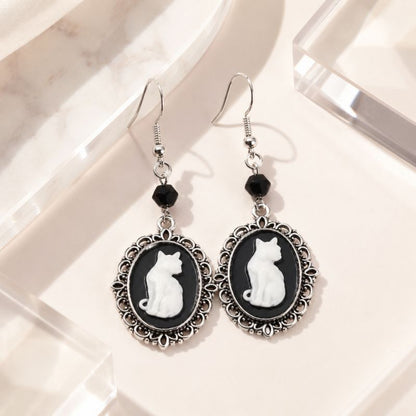 Vintage White Cat Drop Earrings – Silver Frame Jewelry for Women