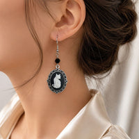 Vintage White Cat Drop Earrings – Silver Frame Jewelry for Women