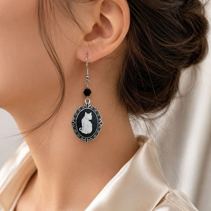 Vintage White Cat Drop Earrings – Silver Frame Jewelry for Women