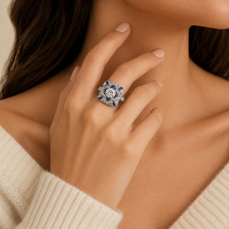 Vintage Blue Mandala Crystal Ring